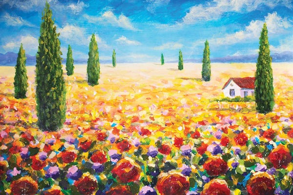 Valery Rybakow: Tuscany Landscape Painting With Cypress Trees And Poppy Field by Valery Rybakow
