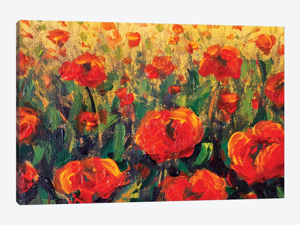 Glade Of Red Poppies Flowers In Green Grass by Valery Rybakow 1-piece Canvas Print