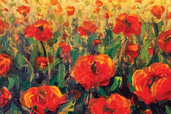 Artists Like Van Gogh: Glade Of Red Poppies Flowers In Green Grass by Valery Rybakow