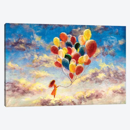 Woman With Colorful Balloons Among The Clouds Canvas Print #VRY177} by Valery Rybakow Canvas Print