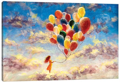 Woman With Colorful Balloons Among The Clouds Canvas Art Print - Balloons