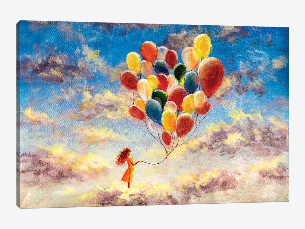 Woman With Colorful Balloons Among The Clouds by Valery Rybakow 1-piece Canvas Art Print