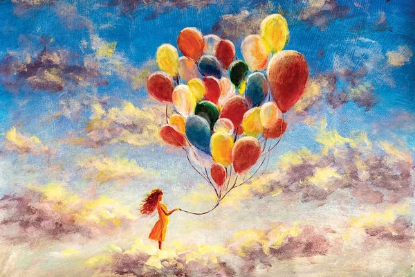 Valery Rybakow: Woman With Colorful Balloons Among The Clouds by Valery Rybakow