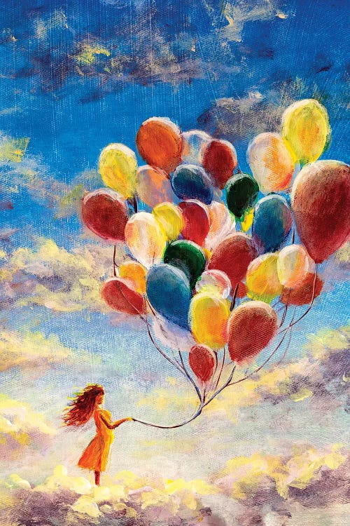 Woman Flying With Balloons Among The Clouds