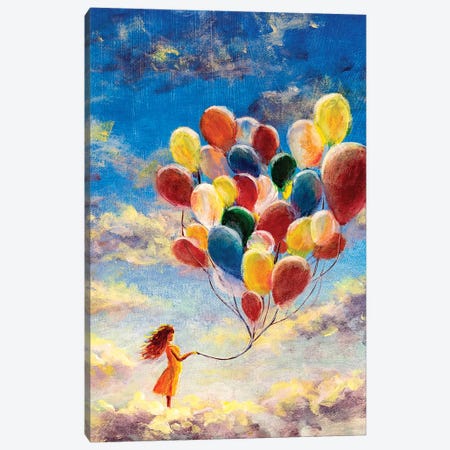Woman Flying With Balloons Among The Clouds Canvas Print #VRY178} by Valery Rybakow Canvas Artwork