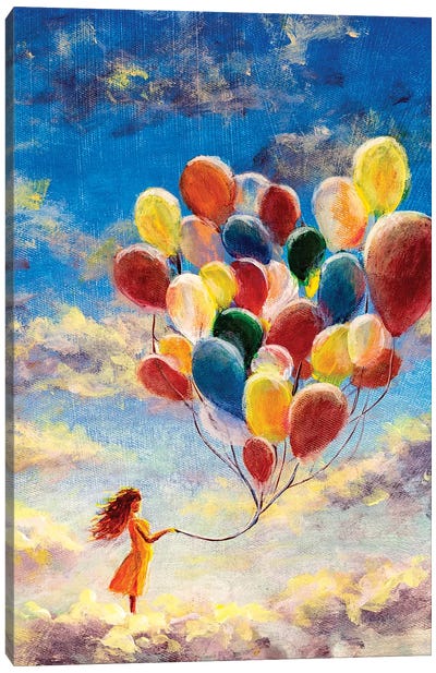 Woman Flying With Balloons Among The Clouds Canvas Art Print - Valery Rybakow