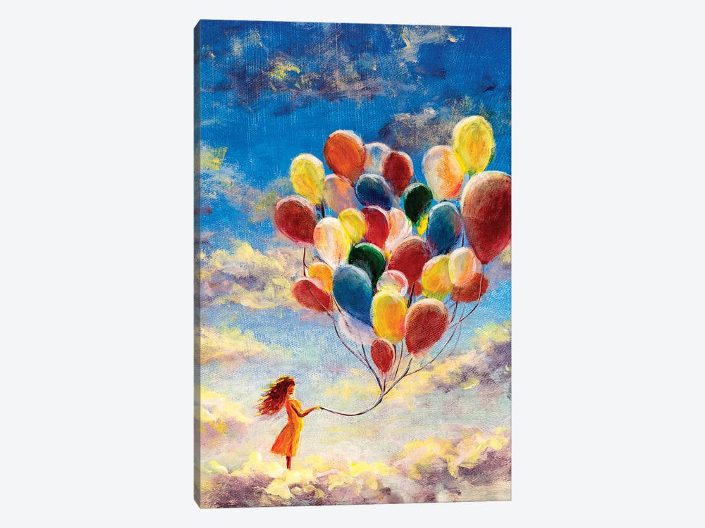 Woman Flying With Balloons Among The Clouds by Valery Rybakow 1-piece Canvas Artwork