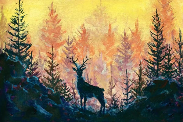 Evergreen Trees: Deer And Forest by Valery Rybakow