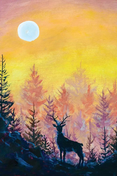 Deer And Moon In Forest