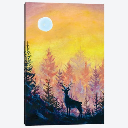 Deer And Moon In Forest Canvas Print #VRY185} by Valery Rybakow Canvas Art