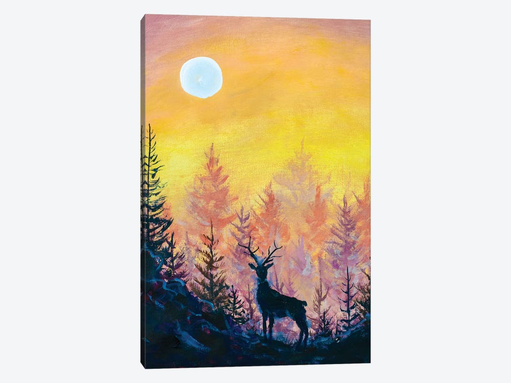 Deer And Moon In Forest by Valery Rybakow 1-piece Canvas Art
