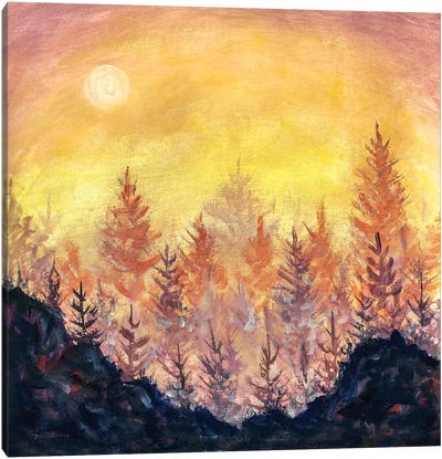 Orange-Purple Dawn Sunset In Forest Canvas Art Print - Current Day Impressionism Art