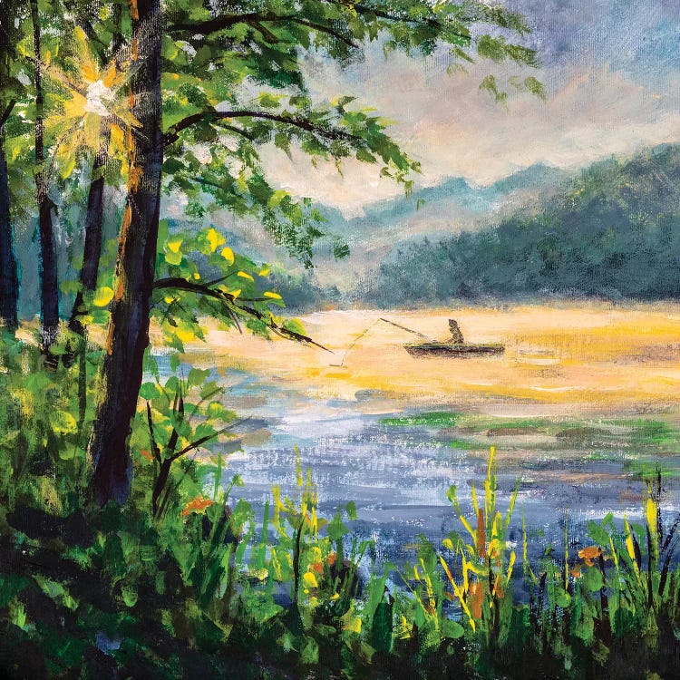 Fisherman In Boat In Beautiful Morning L - Canvas Art