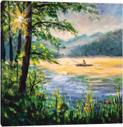 Fisherman In Boat In Beautiful Morning Lake Canvas Art Print