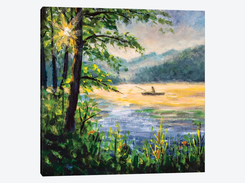 Fisherman In Boat In Beautiful Morning Lake by Valery Rybakow 1-piece Canvas Print
