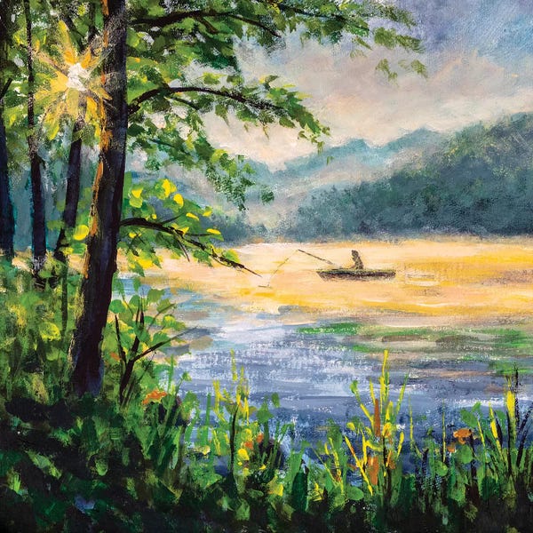Valery Rybakow: Fisherman In Boat In Beautiful Morning Lake by Valery Rybakow