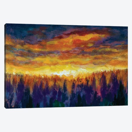 Magic Orange Clouds Bright Dawn Over Misty Foggy Purple Forest Canvas Print #VRY198} by Valery Rybakow Canvas Art