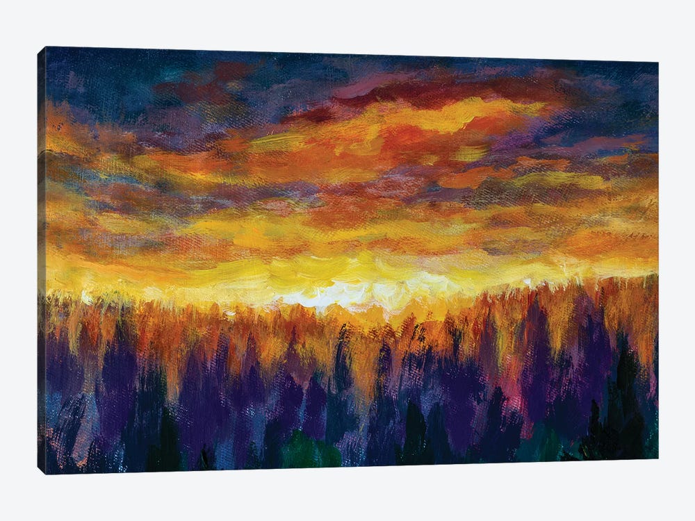Magic Orange Clouds Bright Dawn Over Misty Foggy Purple Forest by Valery Rybakow 1-piece Canvas Art