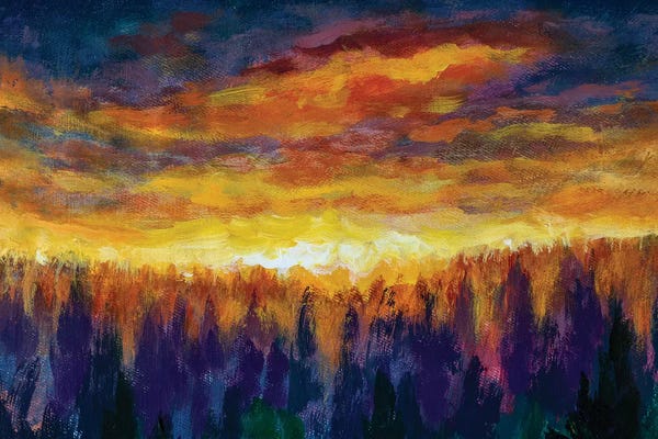 Magic Orange Clouds Bright Dawn Over Misty Foggy Purple Forest