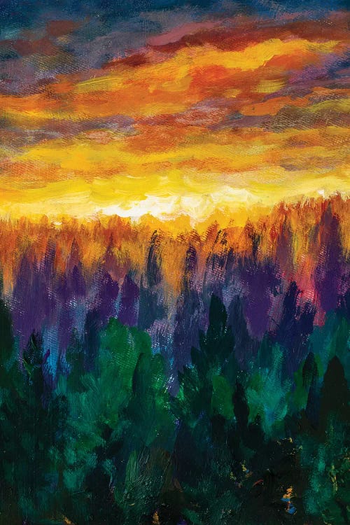 Bright Dawn Over Misty Foggy Purple Forest