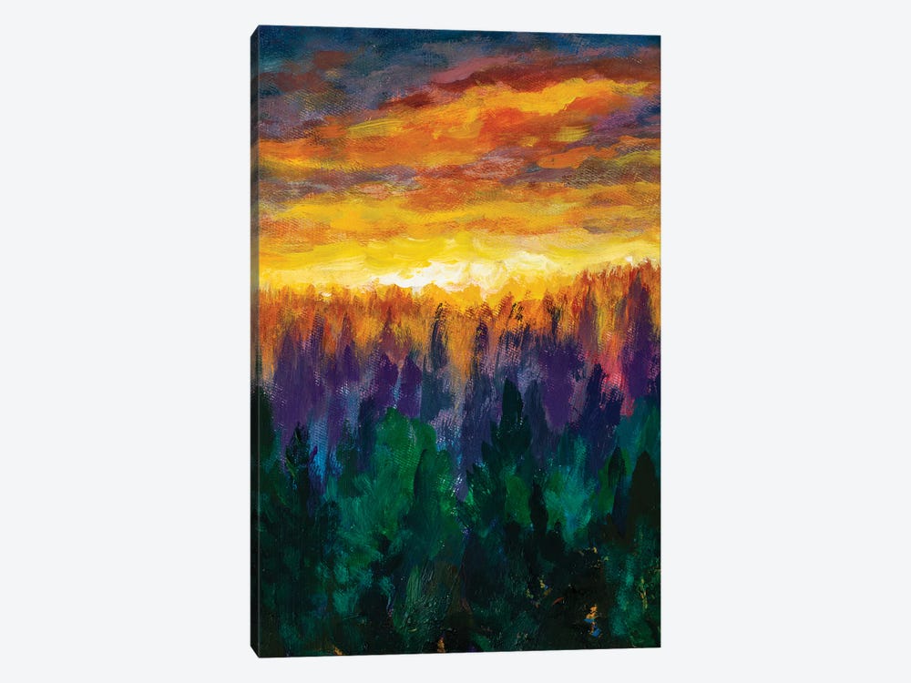 Bright Dawn Over Misty Foggy Purple Forest by Valery Rybakow 1-piece Canvas Print