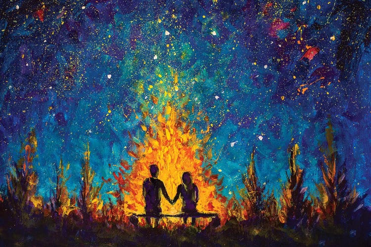 A Couple In Love Sitting On A Bench By The Night Fire And Looking At The Night Sky