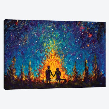 A Couple In Love Sitting On A Bench By The Night Fire And Looking At The Night Sky Canvas Print #VRY200} by Valery Rybakow Canvas Art