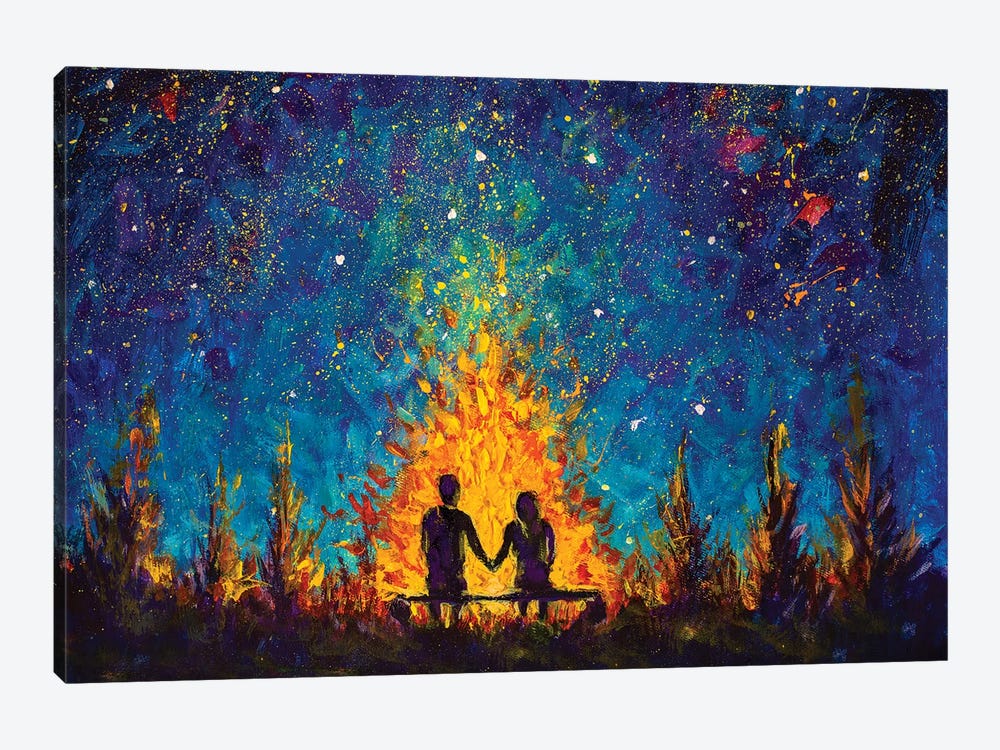 A Couple In Love Sitting On A Bench By The Night Fire And Looking At The Night Sky 1-piece Canvas Print