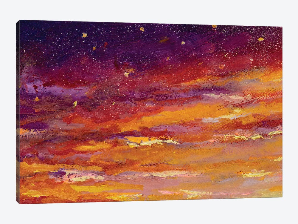 Beautiful Yellow Dawn Sunset Art And Purple Starry Night Sky Gradient by Valery Rybakow 1-piece Art Print