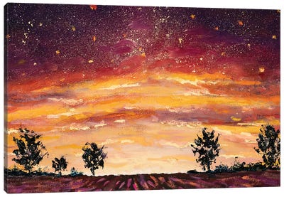 Impressionism Purple Lush Flowers At Sunset. Lavender Field, Warm Dawn Canvas Art Print - Valery Rybakow