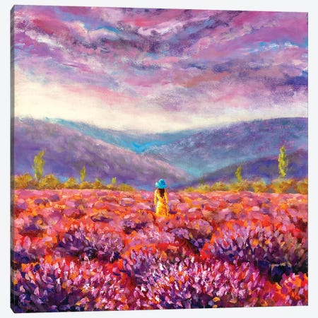 Beautiful Girl In A Yellow Dress Stands In A Flower Field, Lavender Field Canvas Print #VRY212} by Valery Rybakow Art Print