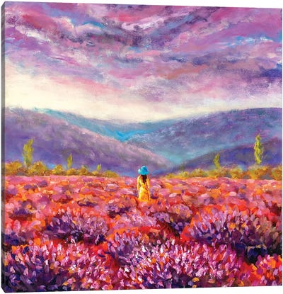 Beautiful Girl In A Yellow Dress Stands In A Flower Field, Lavender Field Canvas Art Print - Wide Open Spaces
