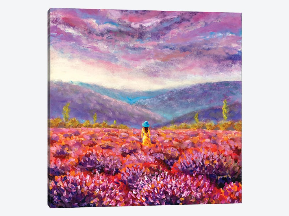 Beautiful Girl In A Yellow Dress Stands In A Flower Field, Lavender Field by Valery Rybakow 1-piece Canvas Artwork
