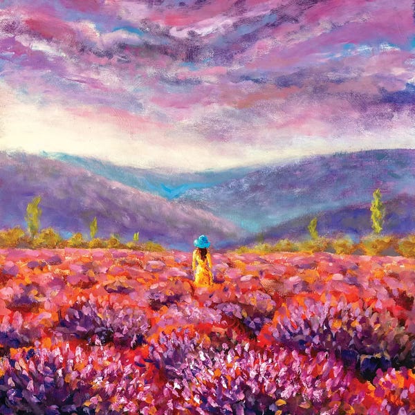 Wide Open Spaces: Beautiful Girl In A Yellow Dress Stands In A Flower Field, Lavender Field by Valery Rybakow