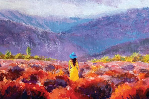 Valery Rybakow: Beautiful Girl In Yellow Dress Stands In Lavender Field by Valery Rybakow