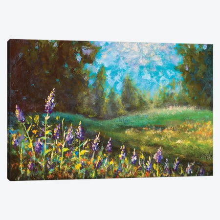 Purple Flowers On A Green Field Against The Background Of The Forest Canvas Print #VRY216} by Valery Rybakow Canvas Art
