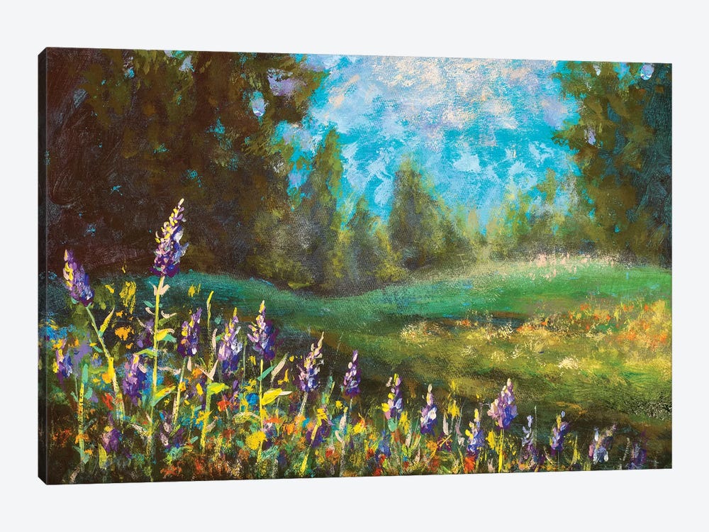 Purple Flowers On A Green Field Against The Background Of The Forest by Valery Rybakow 1-piece Canvas Art