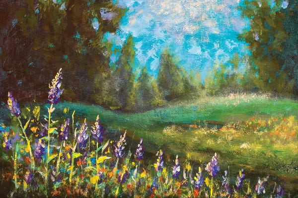 Purple Flowers On A Green Field Against The Background Of The Forest