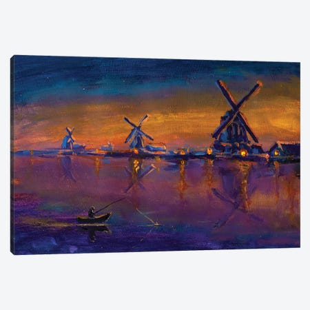 Morning Fishing On Background Of Old Windmills Canvas Print #VRY232} by Valery Rybakow Canvas Print