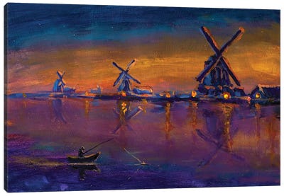 Morning Fishing On Background Of Old Windmills Canvas Art Print - Watermill & Windmill Art