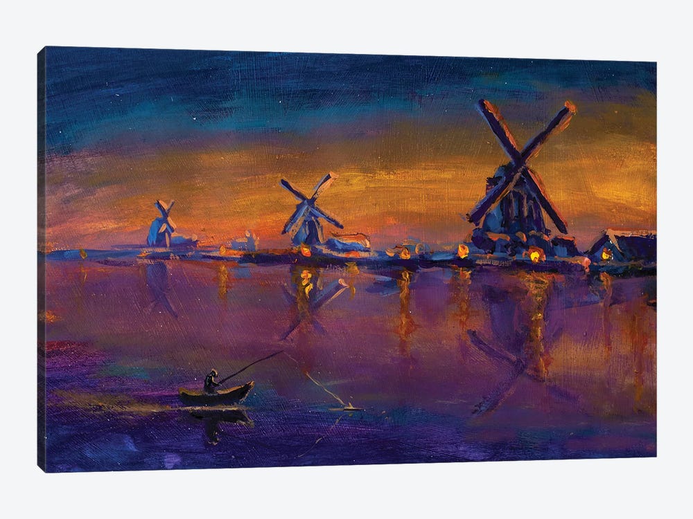 Morning Fishing On Background Of Old Windmills 1-piece Canvas Artwork