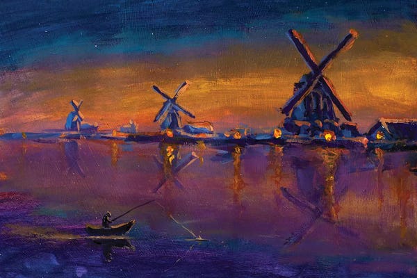 Watermills & Windmills: Morning Fishing On Background Of Old Windmills by Valery Rybakow