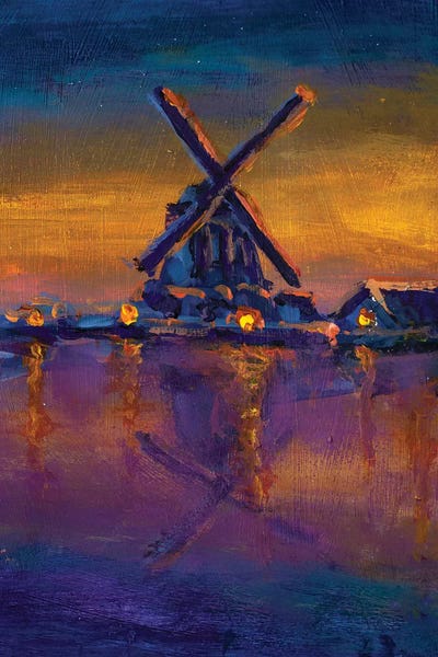 Dawn Over Windmill River Farmland Landscape by Valery Rybakow art print