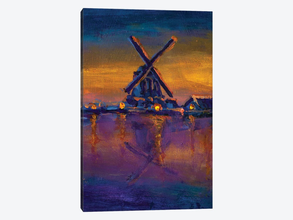 Dawn Over Windmill River Farmland Landscape by Valery Rybakow 1-piece Canvas Print