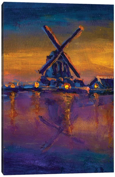 Dawn Over Windmill River Farmland Landscape Canvas Art Print - Watermill & Windmill Art