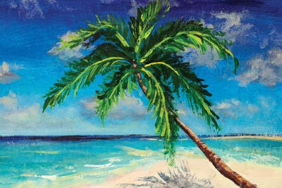 Tropical Beach Palm Tree Ocean Seascape Framed 4 Piece Canvas Wall Art Painting