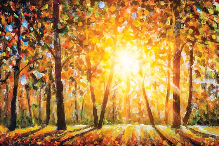 Autumn Forest Landscape With Sun Rays And Colorful Autumn Leaves