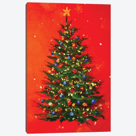 Christmas Tree On Red Background Canvas Print #VRY241} by Valery Rybakow Canvas Artwork