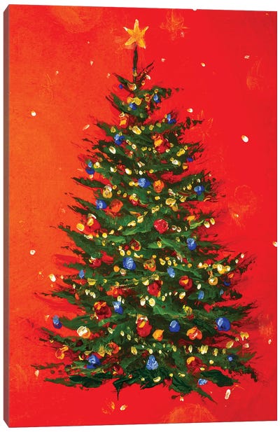 Christmas Tree On Red Background Canvas Art Print - Valery Rybakow