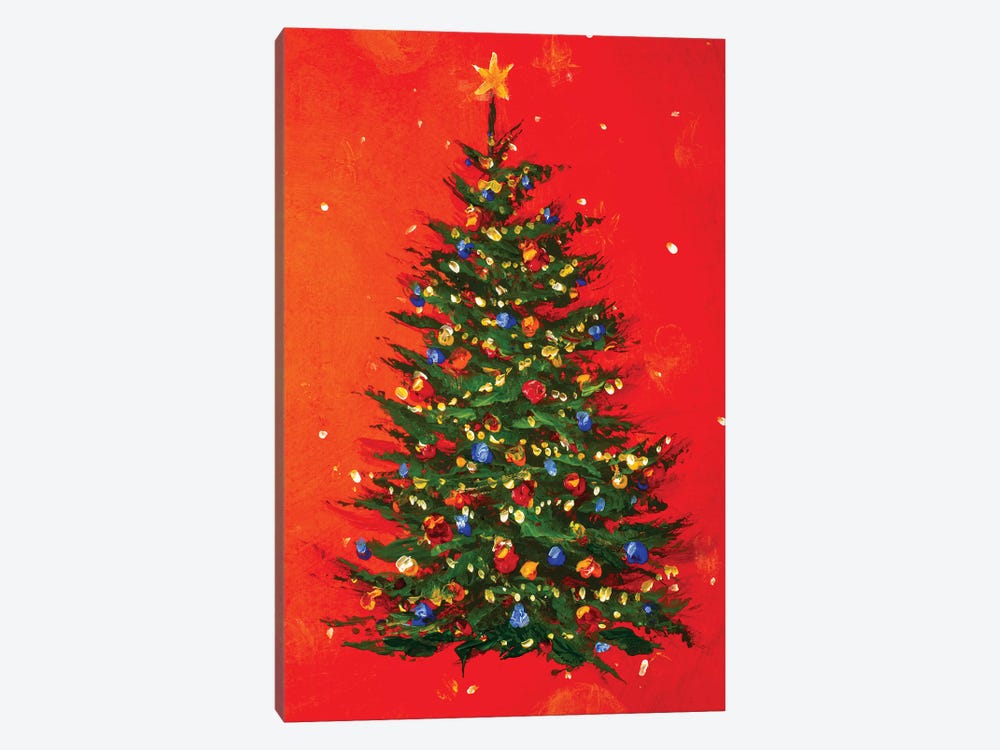 Christmas Tree On Red Background by Valery Rybakow 1-piece Canvas Artwork